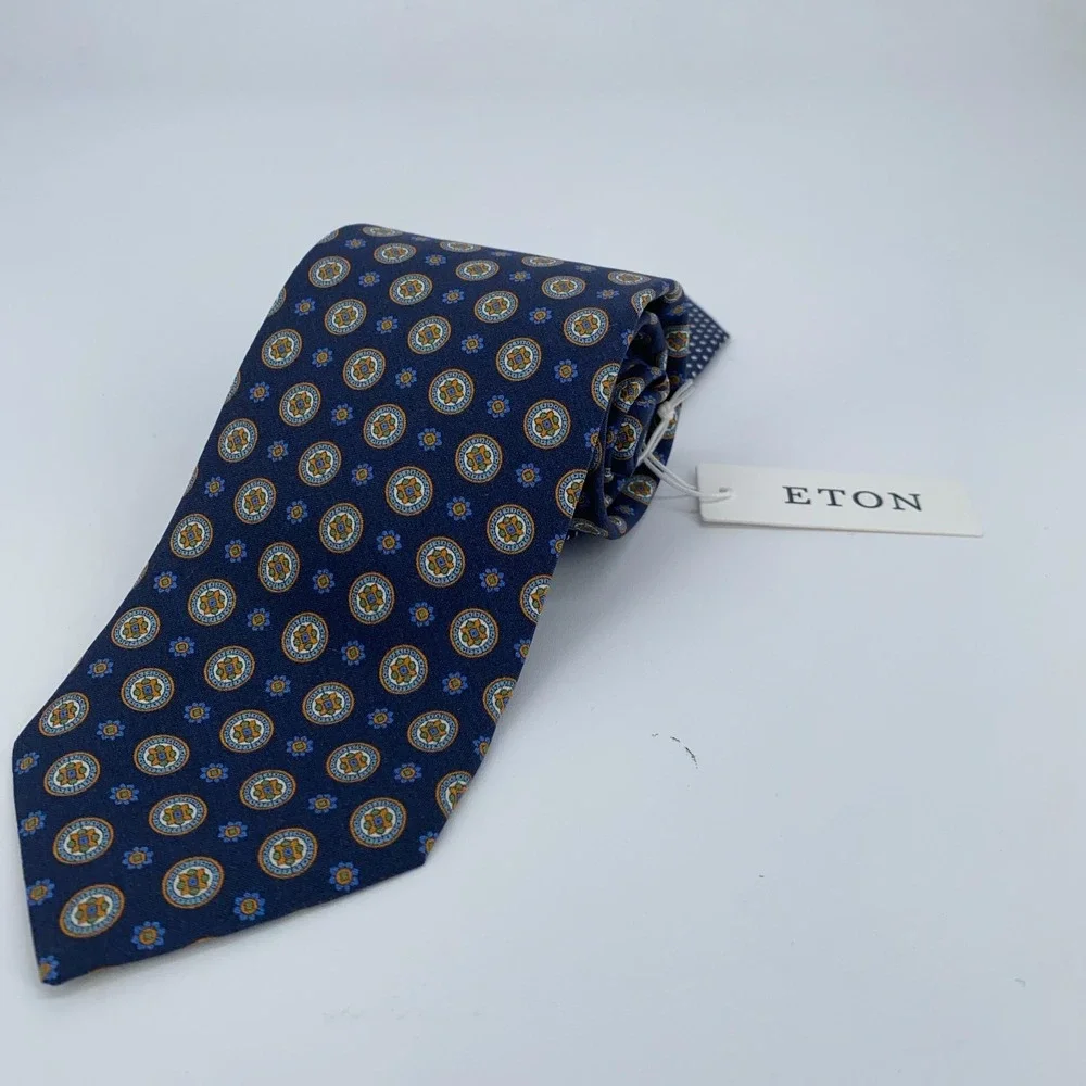 Eton Tie Mens One Size Navy Patterned Silk Classic Fit Necktie Italy‎ Made NWT